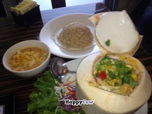 Thai Coconut Corn Soup served in a coconut w/brown rice at LA Vegan in Los Angeles