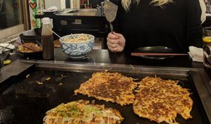 Making up some vegan okonomiyaki! at Sakura Tei in Tokyo