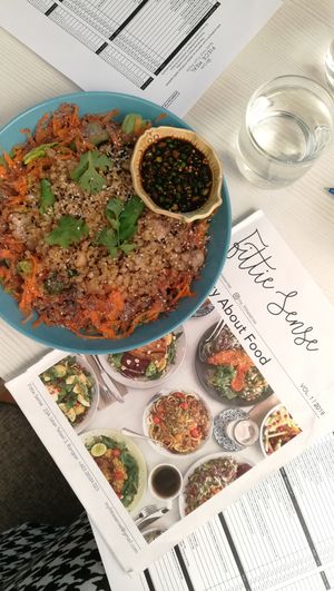  Quinoa Buckwheat 'Fried Rice' salad -- sauteed mushrooms, carrot, coriander, tamari & black rice powder with coconut oil on fresh greens
 at Fittie Sense in Kuala Lumpur