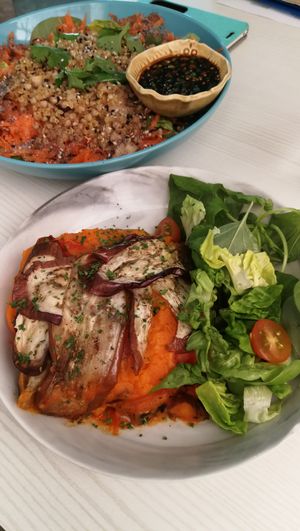  Quinoa Buckwheat 'Fried Rice' salad -- sauteed mushrooms, carrot, coriander, tamari & black rice powder with coconut oil on fresh greens

 3-Bean Moussaka at Fittie Sense in Kuala Lumpur