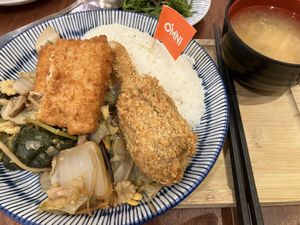 Omni fish and vegan chicken braised vegetable rice with miso soup  at Hǎo Xiǎng Chī Bīng 好想吃冰 - Datong District in Taipei