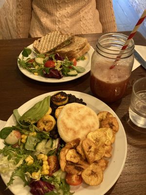 Arepas and avocado tostada. Watermelon juice at Cafuné in Preston