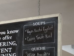 Sign for daily vegan soup at Olive & Thyme in Toluca Lake
