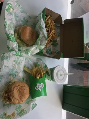 Marmite fries, beyond meat burger, normal fries and chicken burger  at Oowee Vegan - Baldwin in Bristol