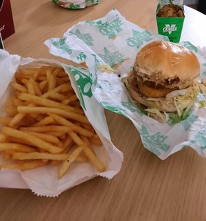 Baconator, large fries, popcorn chicken  (asked for shrimp) at Oowee Vegan - Baldwin in Bristol