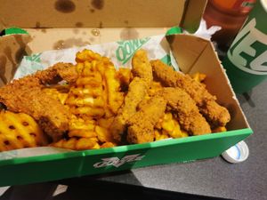 3 chick'n strips and waffle fries 🍟 at Oowee Vegan - Baldwin in Bristol