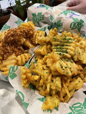 Burgers and waffle fries  at Oowee Vegan - Baldwin in Bristol