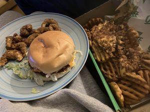 Dirty waffle fries, owee burger and popcorn shrimp!  at Oowee Vegan - Baldwin in Bristol