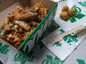 Cluckin' Waffle Fries, Chilli Cheese Balls at Oowee Vegan - Baldwin in Bristol