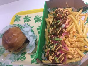 ‘Beef’ burger and shrimp fries  at Oowee Vegan - Baldwin in Bristol