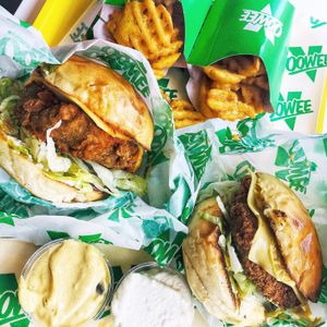 Burgers and waffle fries at Oowee Vegan - Baldwin in Bristol