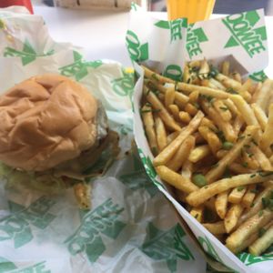 Beyond Meat Classic Cheeseburger & Marmite Butter Fries  at Oowee Vegan - Baldwin in Bristol