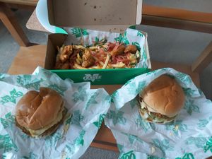 Shrimp fries and Sneaky Clucker Burgers at Oowee Vegan - Baldwin in Bristol