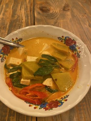 Very nice pumpkin and white bean tofu curry   at Ginger Farm Kitchen in Chiang Mai