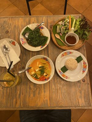 Tofu spring rolls, greens, rice and curry    at Ginger Farm Kitchen in Chiang Mai