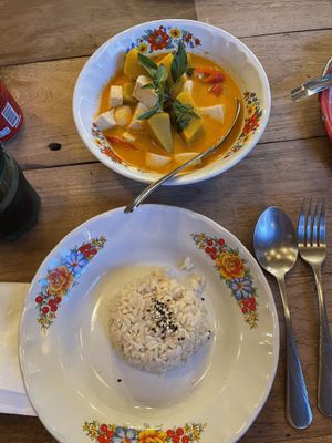 Red curry with pumpkin, tofu and brown rice  at Ginger Farm Kitchen in Chiang Mai