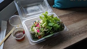 leftover spring rolls, lettuce, herbs, sauce ! at Ginger Farm Kitchen in Chiang Mai