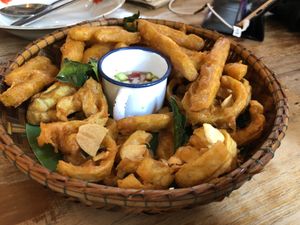 Banana flower and pumpkin so delicious ( note: sauce can be specialized for veg.) at Ginger Farm Kitchen in Chiang Mai