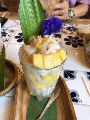 Coconut ice cream with mango and sweet glutinous rice so good!  at Ginger Farm Kitchen in Chiang Mai
