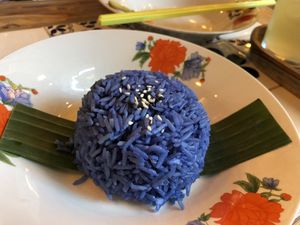 Rice with Butterfly Pea flower! Beautiful and natural blue purple color.  at Ginger Farm Kitchen in Chiang Mai