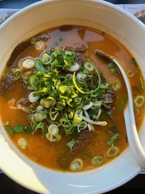 Noodle soup with vegan meats and soy soup base at An Khang Quan in Dusseldorf
