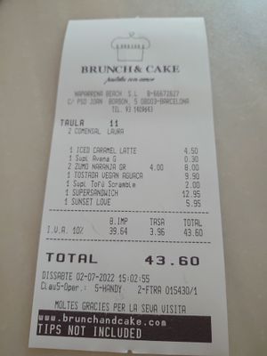 Receipt  at Brunch and Cake By The Sea in Barcelona