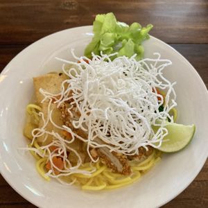 Khao Soi with tofu & happy chicken  at Ganita Cafe in Pai