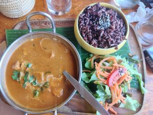 Tempeh tikka masala with rice at Ganita Cafe in Pai