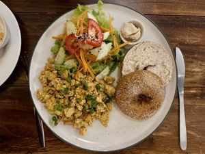 Bagel vegan “scrambled eggs” (125 THB)  at Ganita Cafe in Pai