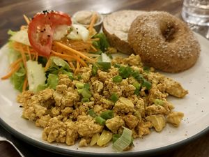 Bagel vegan “scrambled eggs” (125 THB)  at Ganita Cafe in Pai
