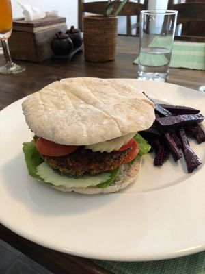 Falafel burger and kumera fries  at Ganita Cafe in Pai