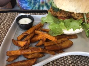 Fake chicken burger at Ganita Cafe in Pai