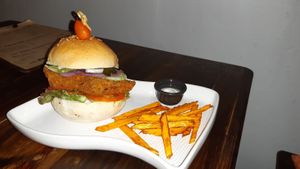 Chicken burger which was delicious and fantastic value at Ganita Cafe in Pai