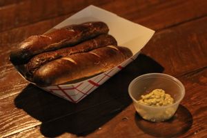 Vegan pretzels with vegan dipping sauce at The Well at the Distillery in Thornton