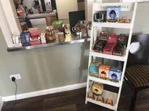 Front counter and some shop items  at Veggie Vixen Store and Coffee Shop in Littleborough