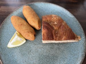 Vegan mushroom koubes and tahini/cinnamon pita  at Brick and Olive in North London