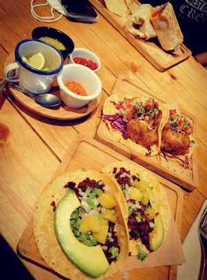 "fish" tofu tacos and soy tacos at Gallo Santo in Barcelona