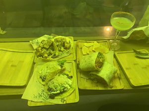 Tofu fish (top left), burrito  at Gallo Santo in Barcelona