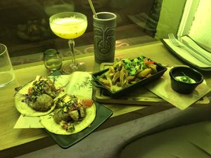 Drinks; Pornstar(left), Zombie(right) - Food; Tofish(left), Gallo Santo Fajitas(right)  at Gallo Santo in Barcelona