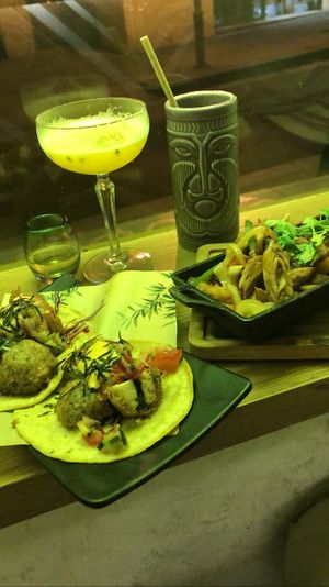 Drinks; Pornstar(left), Zombie(right) - Food; Tofish(left), Gallo Santo Fajitas(right)  at Gallo Santo in Barcelona