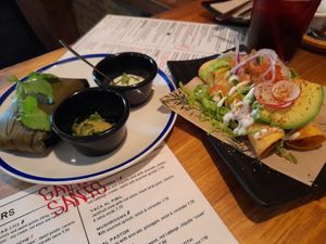 Starters with nice dips and 3 kinds of spicy options as well at Gallo Santo in Barcelona