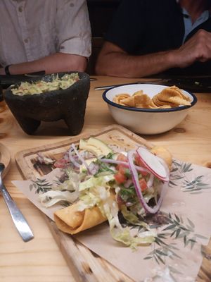 Flautas de boniato, nachos, guacamole at Gallo Santo in Barcelona