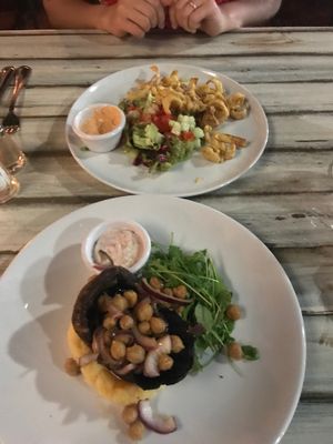 Hearts of palm calamari and chickpea portobello piccata  at Fishes & More in Palm Beach