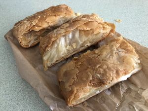 Greek pastries filled with greens at Furnos in Barcelona