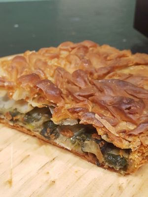 a vegan vegetables pie with leeks, spinach and other herbs from the mountains of greece at Furnos in Barcelona