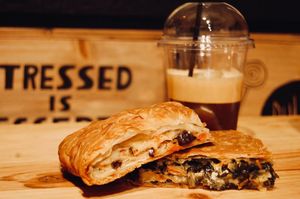 greek fredo furnos with the a spinach pie ad a vegetables pie with cheese feta at Furnos in Barcelona