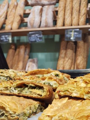 one vegan pie with filo dough and a mix of vegetables, the majority are leeks at Furnos in Barcelona
