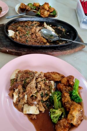 Sizzling tofu and fried mushrooms. at Chin Hua Vegetarian Food in Malacca