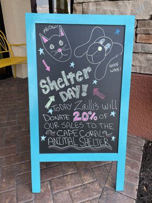 20% of sales go to Cape Coral Animal Shelter every 4th Saturday of the month at Zirilli's Chilly Treats  in Cape Coral
