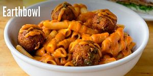 Penne Pasta with Veggie "Meatballs" and house-made tomato sauce . at EarthBowl in Tijuana